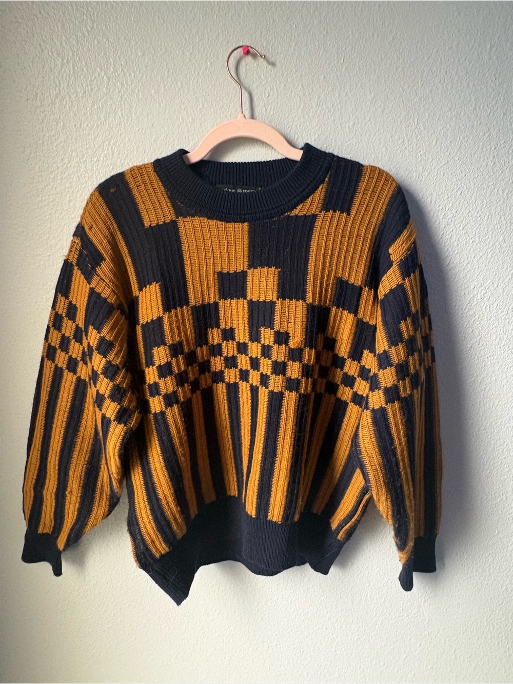 Navy Blue and Mustard Checker Ribbed Knit Sweater